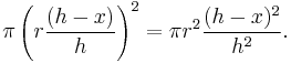  \pi \left(r\frac{(h-x)}{h}\right)^2 =  \pi r^2\frac{(h-x)^2}{h^2}. 