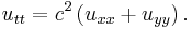  u_{tt} = c^2 \left( u_{xx} + u_{yy} \right). \,