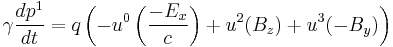  \gamma \frac{d p^1}{d t} = q \left(-u^0 \left(\frac{-E_x}{c} \right) + u^2 (B_z) + u^3 (-B_y) \right) \,