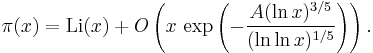 \pi(x)={\rm Li} (x) + O \left(x \, \exp \left( -\frac{A(\ln x)^{3/5}}{(\ln \ln x)^{1/5}} \right) \right).