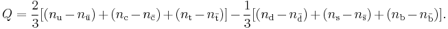 Q=\frac{2}{3}[(n_\mathrm{u}-n_\mathrm{\bar{u}})+(n_\mathrm{c}-n_\mathrm{\bar{c}})+(n_\mathrm{t}-n_\mathrm{\bar{t}})]-\frac{1}{3}[(n_\mathrm{d}-n_\mathrm{\bar{d}})+(n_\mathrm{s}-n_\mathrm{\bar{s}})+(n_\mathrm{b}-n_\mathrm{\bar{b}})].