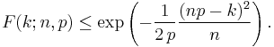  F(k;n,p) \leq \exp\left(-\frac{1}{2\,p} \frac{(np-k)^2}{n}\right). \!