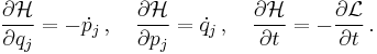 \frac{\partial \mathcal{H}}{\partial q_j} =- \dot{p}_j \,, \quad \frac{\partial \mathcal{H}}{\partial p_j} = \dot{q}_j \,, \quad \frac{\partial \mathcal{H}}{\partial t  } = - {\partial \mathcal{L} \over \partial t} \,.