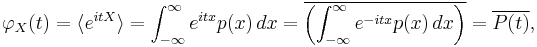 \varphi_X(t) = \langle e^{itX} \rangle = \int_{-\infty}^\infty e^{itx}p(x)\, dx = \overline{\left( \int_{-\infty}^\infty e^{-itx}p(x)\, dx \right)} = \overline{P(t)},