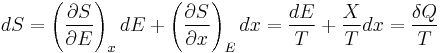 dS = \left(\frac{\partial S}{\partial E}\right)_{x}dE+\left(\frac{\partial S}{\partial x}\right)_{E}dx = \frac{dE}{T} + \frac{X}{T} dx=\frac{\delta Q}{T}\,