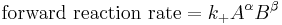 \mbox{forward reaction rate} = k_+ {A}^\alpha{B}^\beta \,\!