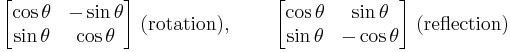 
\begin{bmatrix}
\cos \theta & -\sin \theta \\
\sin \theta & \cos \theta \\
\end{bmatrix}\text{ (rotation), }\qquad
\begin{bmatrix}
\cos \theta & \sin \theta \\
\sin \theta & -\cos \theta \\
\end{bmatrix}\text{ (reflection)}
