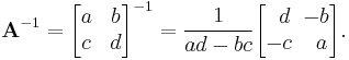 \mathbf{A}^{-1} = \begin{bmatrix}
a & b \\ c & d \\
\end{bmatrix}^{-1} =
\frac{1}{ad - bc} \begin{bmatrix}
\,\,\,d & \!\!-b \\ -c & \,a \\
\end{bmatrix}.