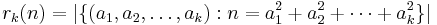 r_k(n) = |\{(a_1, a_2,\dots,a_k):n=a_1^2+a_2^2+\cdots+a_k^2\}|
