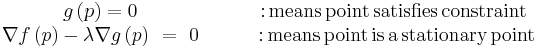 \begin{matrix}
   g\left( p \right)=0 & \,\,\,\,\,\,\,\,\,\,\,\text{:}\,\text{means}\,\text{point}\,\text{satisfies}\,\text{constraint}  \\
   \nabla f\left( p \right)-\lambda \nabla g\left( p \right)\,\,=\,\,0 & \,\,\,\,\,\,\,\,\,\,\,\,\,\text{:}\,\text{means}\,\text{point}\,\text{is}\,\text{a}\,\text{stationary}\,\text{point}  \\
\end{matrix}