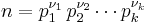  n = p_1^{\nu_1} \, p_2^{\nu_2} \cdots p_k^{\nu_k} 