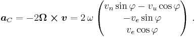 \boldsymbol{ a}_C =-2\boldsymbol{\Omega \times v}= 2\,\omega\, \begin{pmatrix} v_n \sin \varphi-v_u \cos \varphi \\ -v_e \sin \varphi \\ v_e \cos\varphi\end{pmatrix}\ .