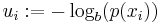 
   \displaystyle
   u_i
  �:=
   - \log_b (p(x_i))
