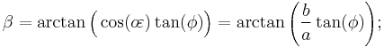 \beta=\arctan\Big(\cos(o\!\varepsilon)\tan(\phi)\Big) = \arctan\Bigg(\frac{b}{a}\tan(\phi)\Bigg);\,\!