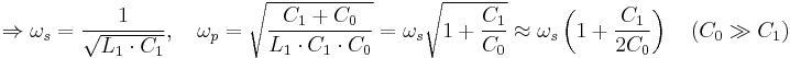 \Rightarrow \omega_s = \frac{1}{\sqrt{L_1 \cdot C_1}}, \quad \omega_p = \sqrt{\frac{C_1+C_0}{L_1 \cdot C_1 \cdot C_0}} = \omega_s \sqrt{1+\frac{C_1}{C_0}} \approx \omega_s \left(1 + \frac{C_1}{2 C_0}\right) \quad (C_0 \gg C_1) 