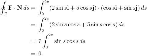 \begin{align}\oint_C \mathbf{F} \cdot \mathbf{N}\, ds &= \,\int_{0}^{2 \pi} ( 2 \sin s \mathbf{i} + 5 \cos s \mathbf{j}) \cdot (\cos s \mathbf{i} + \sin s \mathbf{j})\, ds\\
&= \,\int_{0}^{2 \pi} (2 \sin s \cos s + 5 \sin s \cos s)\, ds\\
&= \,7\int_{0}^{2 \pi} \sin s \cos s\, ds\\
&= \,0.\end{align}\ 