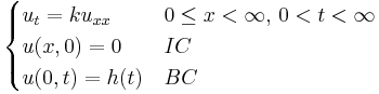 \begin{cases} u_{t}=ku_{xx} & 0\le x<\infty,\,0<t<\infty \\ u(x,0)=0 & IC \\ u(0,t)=h(t) & BC \end{cases} 