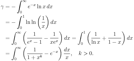 \begin{align}\gamma &= - \int_0^\infty { e^{-x} \ln x }\,dx \\
 &= -\int_0^1 \ln\ln\left (\frac{1}{x}\right) dx \\
 &=  \int_0^\infty \left (\frac1{e^x-1}-\frac1{xe^x} \right)dx = \int_0^1\left(\frac 1{\ln x} + \frac 1{1-x}\right)dx\\
 &=  \int_0^\infty \left (\frac1{1+x^k}-e^{-x} \right)\frac{dx}{x},\quad k>0.\end{align} 