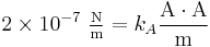 2 \times 10^{-7}\ {\rm\tfrac N m}=k_A\frac{{\rm A}\cdot {\rm A}}{{\rm m}}