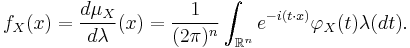 f_X(x) = \frac{d\mu_X}{d\lambda}(x) = \frac{1}{(2\pi)^n} \int_{\mathbb{R}^n} e^{-i(t\cdot x)}\varphi_X(t)\lambda(dt).