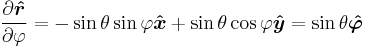 partial derivative of r-hat with respect to phi equals minus sine of theta times sine of phi in the x-hat direction plus sine of theta times cosine of phi in the y-hat direction equals sine of theta in the phi-hat direction