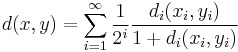 d(x,y)=\sum_{i=1}^\infty \frac1{2^i}\frac{d_i(x_i,y_i)}{1+d_i(x_i,y_i)}