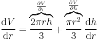 \frac{\operatorname dV}{\operatorname dr} = \overbrace{\frac{2 \pi r h}{3}}^\frac{ \partial V}{\partial r} + \overbrace{\frac{\pi r^2}{3}}^\frac{ \partial V}{\partial h}\frac{\operatorname d h}{\operatorname d r}