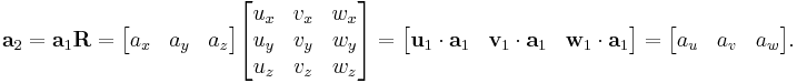  \bold a_2 = \bold a_1 \bold R = 
\begin{bmatrix} a_x & a_y & a_z \end{bmatrix}
\begin{bmatrix} u_x & v_x & w_x \\ u_y & v_y & w_y \\ u_z & v_z & w_z \end{bmatrix} =
\begin{bmatrix} \bold u_1\cdot\bold a_1 & \bold v_1\cdot\bold a_1 & \bold w_1\cdot\bold a_1 \end{bmatrix} = \begin{bmatrix} a_u & a_v & a_w \end{bmatrix} .
