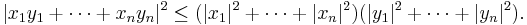 |x_1 y_1 + \cdots + x_n y_n|^2 \leq (|x_1|^2 + \cdots + |x_n|^2) (|y_1|^2 + \cdots + |y_n|^2).