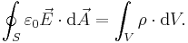 \oint_S\varepsilon_0\vec{E} \cdot\mathrm{d}\vec{A} =  \int_V\rho\cdot\mathrm{d}V.