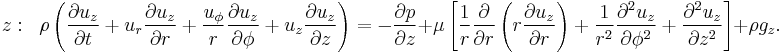 
z:\;\;\rho \left(\frac{\partial u_z}{\partial t} + u_r \frac{\partial u_z}{\partial r} + \frac{u_{\phi}}{r} \frac{\partial u_z}{\partial \phi} + u_z \frac{\partial u_z}{\partial z}\right) =
-\frac{\partial p}{\partial z} + \mu \left[\frac{1}{r}\frac{\partial}{\partial r}\left(r \frac{\partial u_z}{\partial r}\right) + \frac{1}{r^2}\frac{\partial^2 u_z}{\partial \phi^2} + \frac{\partial^2 u_z}{\partial z^2}\right] + \rho g_z.