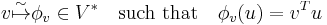 v \overset{\sim}{\mapsto} \phi_v \in V^* \quad \text{such that} \quad \phi_v(u) = v^T u