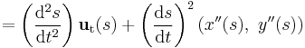  = \left(\frac{\mathrm{d}^2s}{\mathrm{d}t^2}\right)\mathbf{u}_\mathrm{t}(s) + \left(\frac{\mathrm{d}s}{\mathrm{d}t}\right) ^2 \left(x''(s),\ y''(s) \right) 