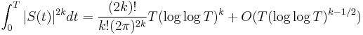 \int_0^T|S(t)|^{2k}dt = \frac{(2k)!}{k!(2\pi)^{2k}}T(\log \log T)^k + O(T(\log \log T)^{k-1/2})