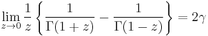  \lim_{z\to 0} \frac1{z}\left\{\frac1{\Gamma(1+z)} - \frac1{\Gamma(1-z)} \right\} = 2\gamma