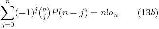  \sum_{j=0}^n (-1)^j\tbinom n j P(n-j) = n!a_n \qquad(13b) 