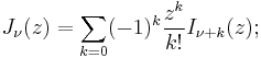 J_\nu(z)=\sum_{k=0} (-1)^k \frac{z^k}{k!} I_{\nu+k}(z);