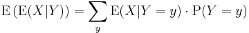 
\operatorname{E} \left( \operatorname{E}(X|Y) \right)= \sum\limits_y \operatorname{E}(X|Y=y) \cdot \operatorname{P}(Y=y)  \,