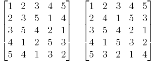 
\begin{bmatrix}
 1 & 2 & 3 & 4 & 5 \\
 2 & 3 & 5 & 1 & 4 \\
 3 & 5 & 4 & 2 & 1 \\
 4 & 1 & 2 & 5 & 3 \\
 5 & 4 & 1 & 3 & 2 
\end{bmatrix}
\quad
\begin{bmatrix}
 1 & 2 & 3 & 4 & 5 \\
 2 & 4 & 1 & 5 & 3 \\
 3 & 5 & 4 & 2 & 1 \\
 4 & 1 & 5 & 3 & 2 \\
 5 & 3 & 2 & 1 & 4
\end{bmatrix}
