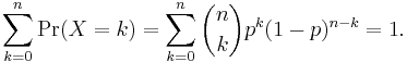  \sum_{k=0}^n \operatorname{Pr}(X=k) = \sum_{k=0}^n {n\choose k}p^k(1-p)^{n-k} = 1.