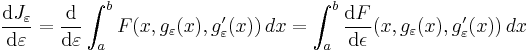  \frac{\mathrm{d} J_\varepsilon}{\mathrm{d} \varepsilon} = \frac{\mathrm d}{\mathrm d\varepsilon}\int_a^b F(x,g_\varepsilon(x), g_\varepsilon'(x) )\, dx = \int_a^b \frac{\mathrm{d}F}{\mathrm{d}\epsilon}(x,g_\varepsilon(x), g_\varepsilon'(x) )\, dx 