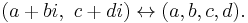 (a + bi,\ c + di) \leftrightarrow (a, b, c, d).