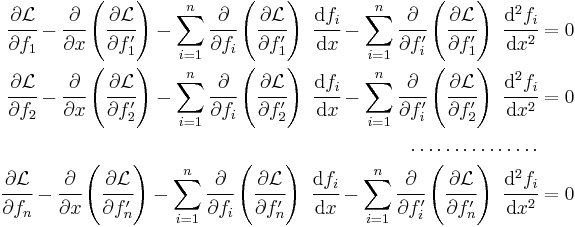 
   \begin{align}
     \cfrac{\partial \mathcal{L}}{\partial f_1} - \cfrac{\partial}{\partial x}\left(\cfrac{\partial \mathcal{L}}{\partial f_1'}\right) - \sum_{i=1}^n \cfrac{\partial}{\partial f_i}\left(\cfrac{\partial \mathcal{L}}{\partial f_1'}\right)~\cfrac{\mathrm{d}f_i}{\mathrm{d}x} - \sum_{i=1}^n \cfrac{\partial}{\partial f_i'}\left(\cfrac{\partial \mathcal{L}}{\partial f_1'}\right)~\cfrac{\mathrm{d}^2f_i}{\mathrm{d}x^2} & = 0 \\
     \cfrac{\partial \mathcal{L}}{\partial f_2} - \cfrac{\partial}{\partial x}\left(\cfrac{\partial \mathcal{L}}{\partial f_2'}\right) - \sum_{i=1}^n \cfrac{\partial}{\partial f_i}\left(\cfrac{\partial \mathcal{L}}{\partial f_2'}\right)~\cfrac{\mathrm{d}f_i}{\mathrm{d}x} - \sum_{i=1}^n \cfrac{\partial}{\partial f_i'}\left(\cfrac{\partial \mathcal{L}}{\partial f_2'}\right)~\cfrac{\mathrm{d}^2f_i}{\mathrm{d}x^2} & = 0 \\
   \dots \dots \dots \dots \dots & \\
     \cfrac{\partial \mathcal{L}}{\partial f_n} - \cfrac{\partial}{\partial x}\left(\cfrac{\partial \mathcal{L}}{\partial f_n'}\right) - \sum_{i=1}^n \cfrac{\partial}{\partial f_i}\left(\cfrac{\partial \mathcal{L}}{\partial f_n'}\right)~\cfrac{\mathrm{d}f_i}{\mathrm{d}x} - \sum_{i=1}^n \cfrac{\partial}{\partial f_i'}\left(\cfrac{\partial \mathcal{L}}{\partial f_n'}\right)~\cfrac{\mathrm{d}^2f_i}{\mathrm{d}x^2} & = 0 
   \end{align}
 