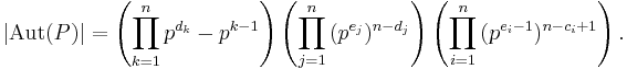 |\mathrm{Aut}(P)| = \left(\prod_{k=1}^n{p^{d_k} - p^{k-1}}\right)\left(\prod_{j=1}^n{(p^{e_j})^{n-d_j}}\right)\left(\prod_{i=1}^n{(p^{e_i-1})^{n-c_i+1}}\right).