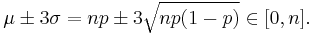 \mu \pm 3 \sigma = np \pm 3 \sqrt{np(1-p)} \in [0,n]. \, 