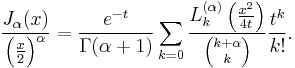 \frac{J_\alpha(x)}{\left( \frac{x}{2}\right)^\alpha}= \frac{e^{-t}}{\Gamma(\alpha+1)} \sum_{k=0} \frac{L_k^{(\alpha)}\left( \frac{x^2}{4 t}\right)}{{k+ \alpha \choose k}} \frac{t^k}{k!}.