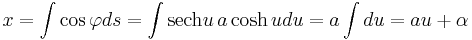 x = \int \cos {\varphi} ds = \int \mbox{sech} u \, a \cosh u du = a \int du = au + \alpha