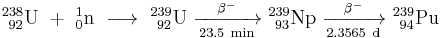 \mathrm{^{238}_{\ 92}U\ +\ ^{1}_{0}n\ \longrightarrow \ ^{239}_{\ 92}U\ \xrightarrow[23.5 \ min]{\beta^-} \ ^{239}_{\ 93}Np\ \xrightarrow[2.3565 \ d]{\beta^-} \ ^{239}_{\ 94}Pu}