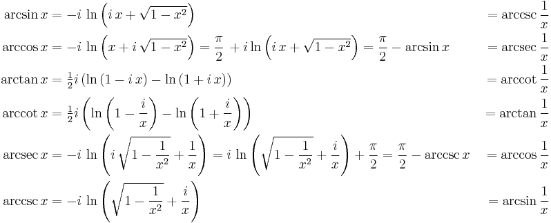 
\begin{align}
\arcsin x &{}= -i\,\ln\left(i\,x+\sqrt{1-x^2}\right) &{}= \arccsc \frac{1}{x}\\
\arccos x &{}= -i\,\ln\left(x+i\,\sqrt{1-x^2}\right) = \frac{\pi}{2}\,+i\ln\left(i\,x+\sqrt{1-x^2}\right) = \frac{\pi}{2}-\arcsin x &{}= \arcsec \frac{1}{x}\\
\arctan x &{}= \tfrac{1}{2}i\left(\ln\left(1-i\,x\right)-\ln\left(1+i\,x\right)\right) &{}= \arccot \frac{1}{x}\\
\arccot x &{}= \tfrac{1}{2}i\left(\ln\left(1-\frac{i}{x}\right)-\ln\left(1+\frac{i}{x}\right)\right) &{}= \arctan \frac{1}{x}\\
\arcsec x &{}= -i\,\ln\left(i\,\sqrt{1-\frac{1}{x^2}}+\frac{1}{x}\right) = i\,\ln\left(\sqrt{1-\frac{1}{x^2}}+\frac{i}{x}\right)+\frac{\pi}{2} = \frac{\pi}{2}-\arccsc x &{}= \arccos \frac{1}{x}\\
\arccsc x &{}= -i\,\ln\left(\sqrt{1-\frac{1}{x^2}}+\frac{i}{x}\right) &{}= \arcsin \frac{1}{x}
\end{align}