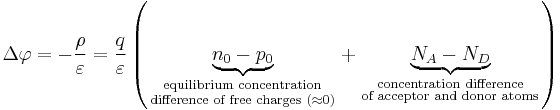 \Delta \varphi =-\frac{\rho }{\varepsilon }=\frac{q}{\varepsilon }\left( \underbrace{{{n}_{0}}-{{p}_{0}}}_{\begin{smallmatrix} 
 \text{equilibrium concentration} \\ 
 \text{difference of free charges (}\approx \text{0)} 
\end{smallmatrix}}+\underbrace{{{N}_{A}}-{{N}_{D}}}_{\begin{smallmatrix} 
 \text{concentration difference} \\ 
 \text{of acceptor and donor atoms} 
\end{smallmatrix}} \right)